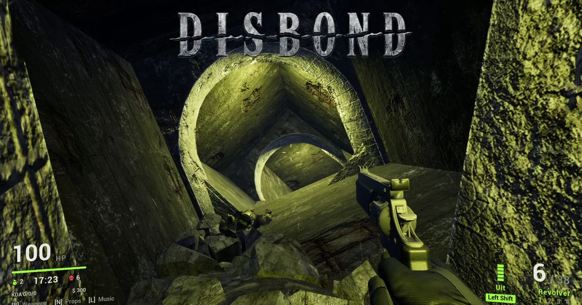 โลโก้ Disbond Steam Next Fest เหนือฉากอุโมงค์หินจากมุมมองผู้ถือปืน