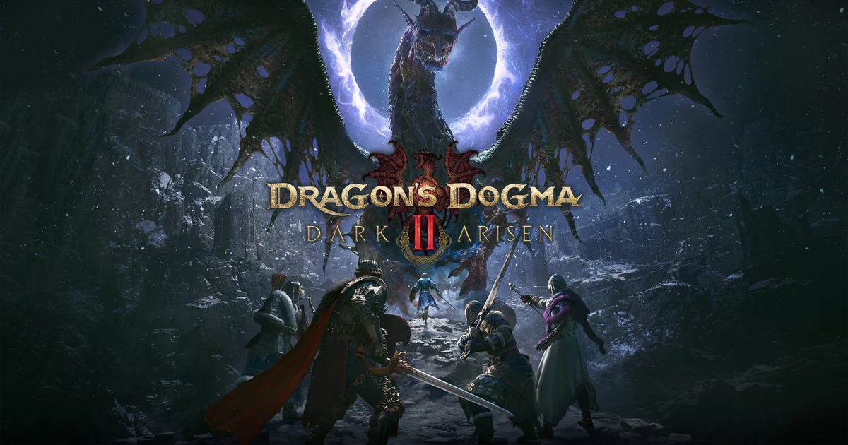 โลโก้ Dragons Dogma II Dark Arisen กลางภาพมังกรและกลุ่มนักผจญภัย