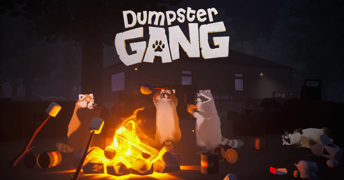 แรคคูนรวมตัวรอบกองไฟนอกบ้าน พร้อมโลโก้ Dumpster Gang