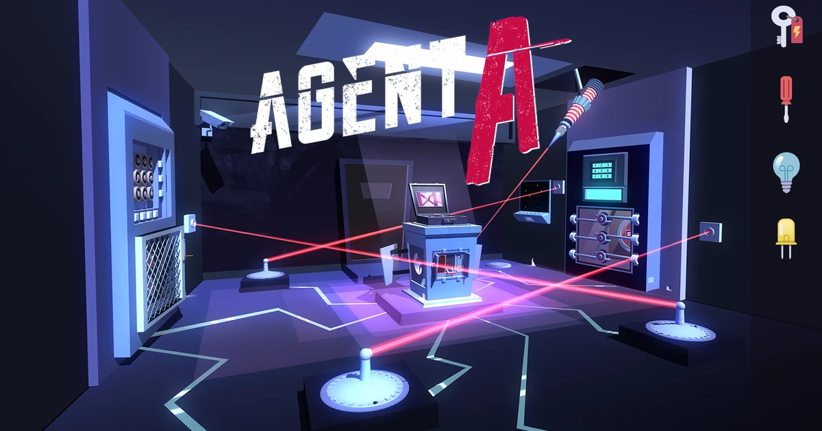 โลโก้ AGENT A เหนือห้องสีม่วงที่มีลำแสงเลเซอร์สีแดงและแท่นกลางห้อง