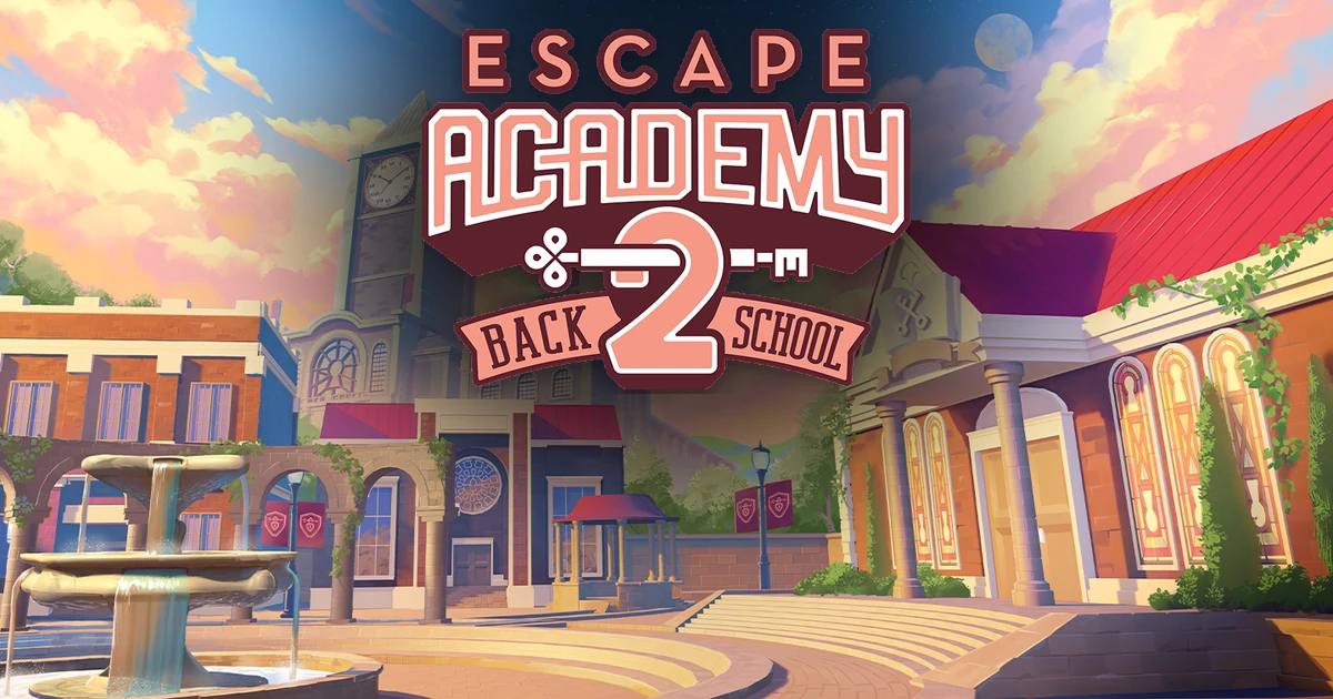 ตราชื่อ Escape Academy 2 Back 2 School เหนือลานโรงเรียนและน้ำพุ