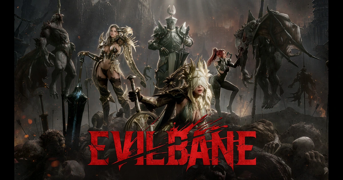 ภาพ Key Art EVILBANE พร้อมโลโก้สีแดงและกลุ่มตัวละครนักรบ