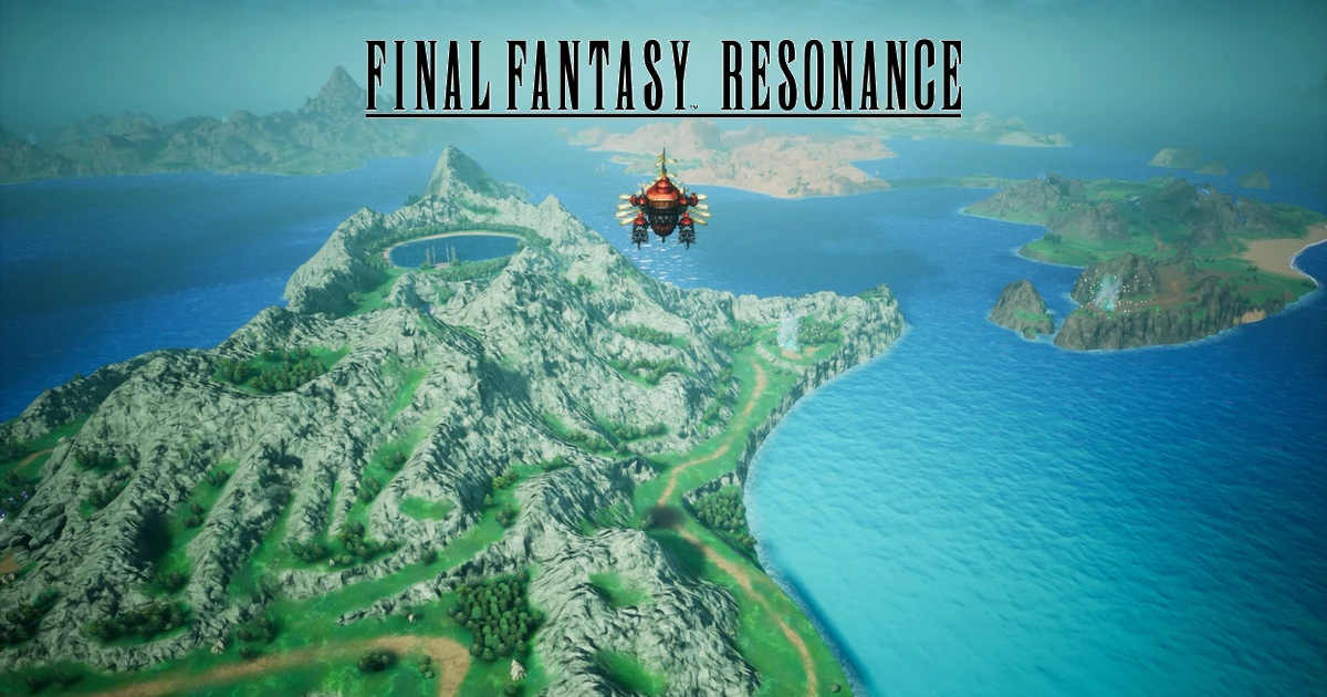 โลโก้ FINAL FANTASY RESONANCE เหนือเรือเหาะและแผนที่เกาะ