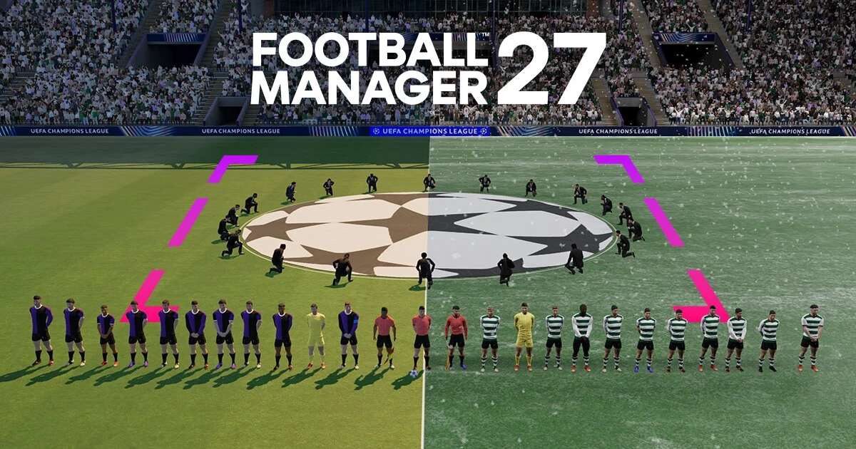 นักฟุตบอลยืนเรียงแถวในสนามพร้อมโลโก้ Football Manager 27