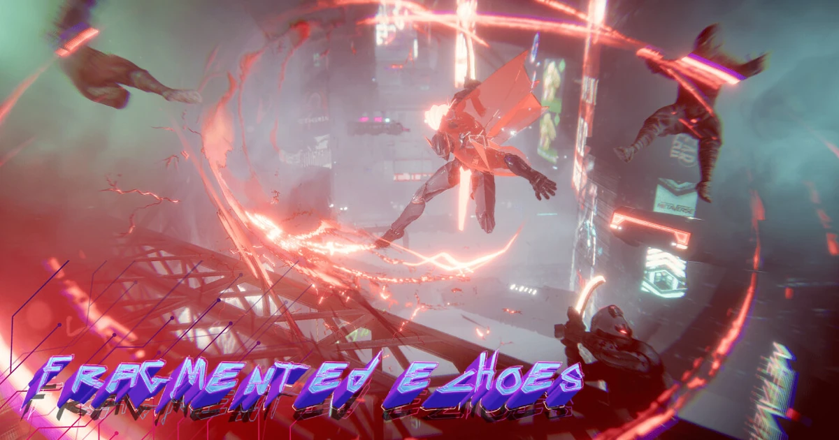 ตัวละครเกราะลอยกลางเมืองนีออนล้อมด้วยเส้นแสงสีแดง พร้อมโลโก้ Fragmented Echoes ที่ขอบล่าง