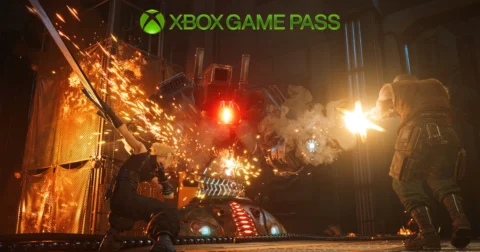 นักดาบกับมือปืนต่อสู้เครื่องจักรในโรงงาน ใต้โลโก้ Xbox Game Pass