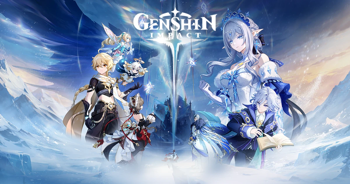 โลโก้ Genshin Impact เหนือกลุ่มตัวละครและภูเขาหิมะในคีย์อาร์ตเวอร์ชัน 7.2