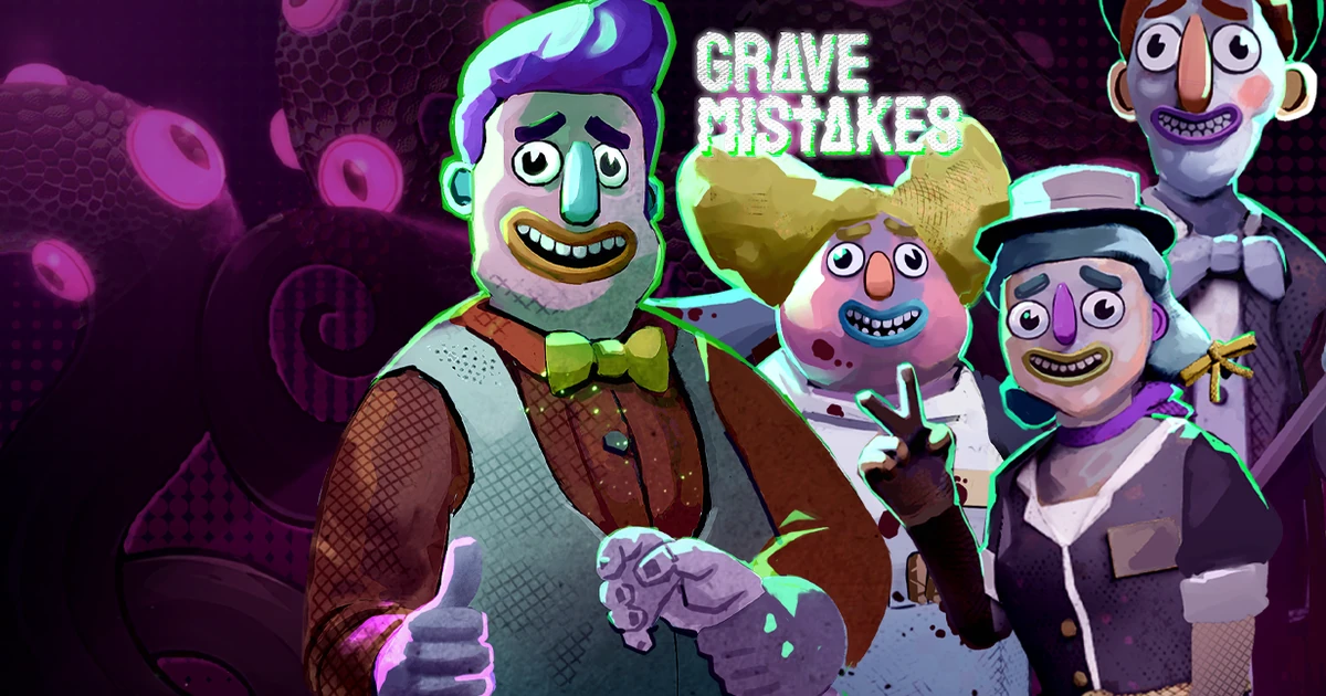 Key Art Grave Mistakes พร้อมโลโก้สีขาวและตัวละครสี่ตัว