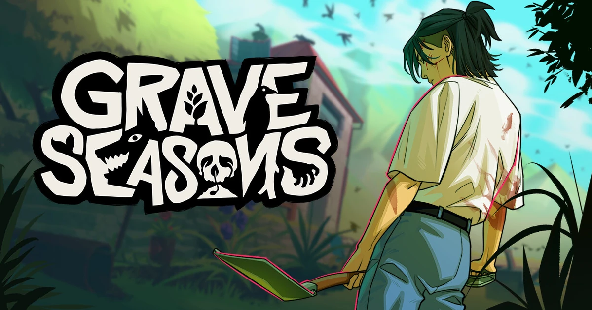 คีย์อาร์ต Grave Seasons พร้อมชื่อเกมและตัวละครถือพลั่วหน้าบ้านท่ามกลางต้นไม้
