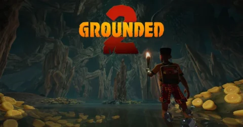 ตัวละครถือคบเพลิงสำรวจโพรงไม้ใต้โลโก้ Grounded 2