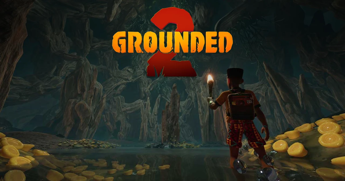ตัวละครถือคบเพลิงสำรวจโพรงไม้ใต้โลโก้ Grounded 2