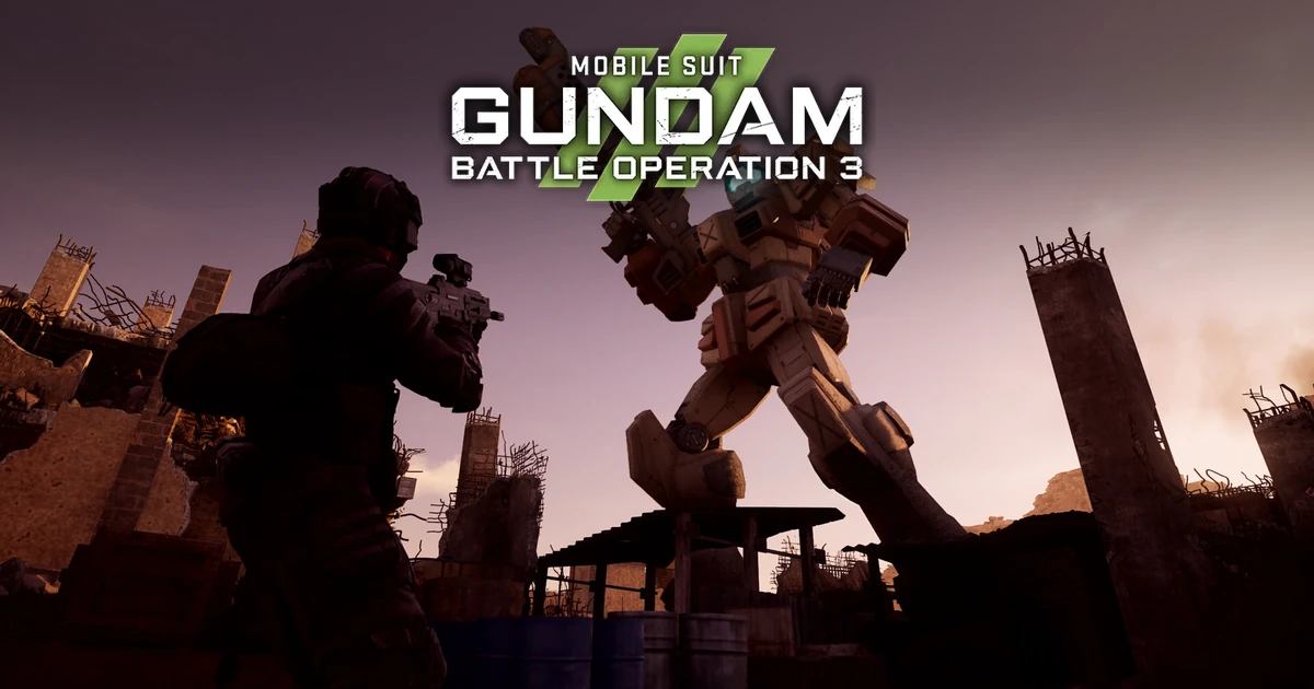 Gundam Battle Operation 3 โลโก้เหนือภาพทหารเล็งปืนและโมบิลสูทกลางซากอาคาร