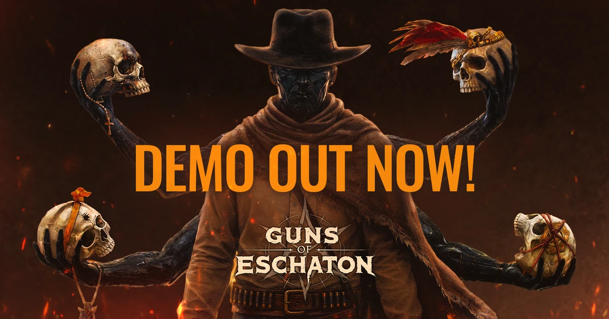 Guns of Eschaton เดโมฟรี ภาพมือปืนพร้อมโลโก้และข้อความ DEMO OUT NOW