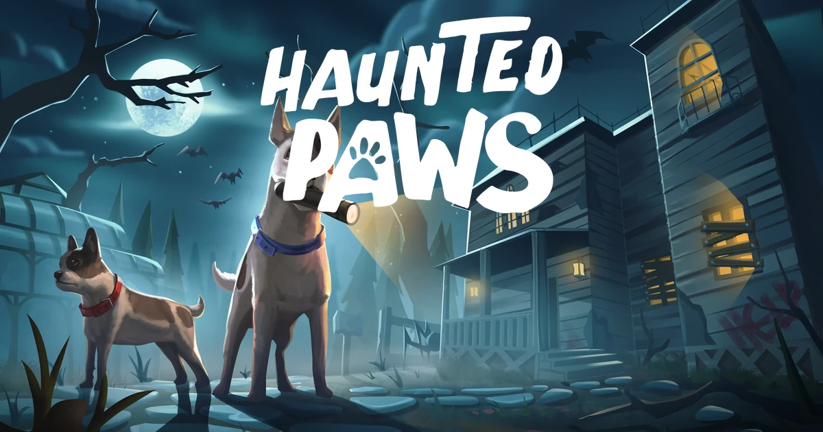 ภาพ Key art ลูกสุนัขสองตัวหน้าคฤหาสน์พร้อมโลโก้ Haunted Paws