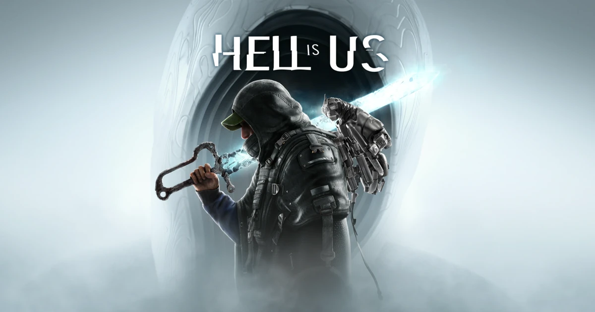 โลโก้ Hell is Us เหนือตัวละครสวมฮู้ดถือดาบเรืองแสงพาดไหล่