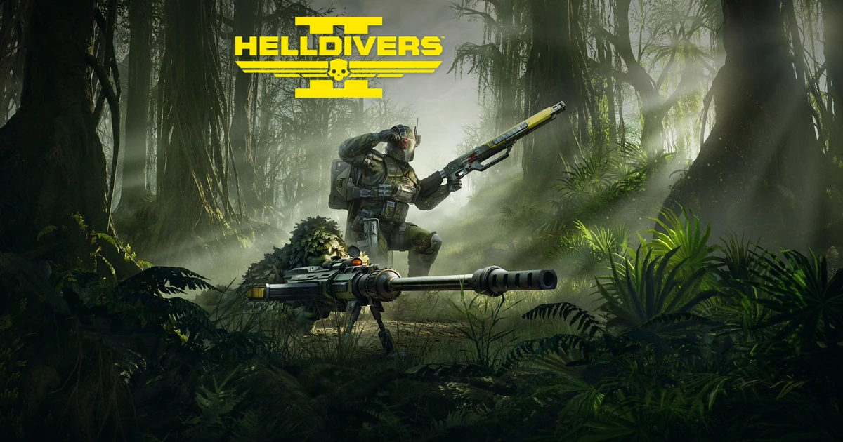 โลโก้ Helldivers II สีเหลืองเหนือทหารสองคนถือปืนยาวในป่า