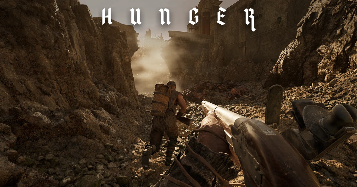 โลโก้ HUNGER เหนือภาพมุมมองบุคคลที่หนึ่งในทางเดินซากหิน