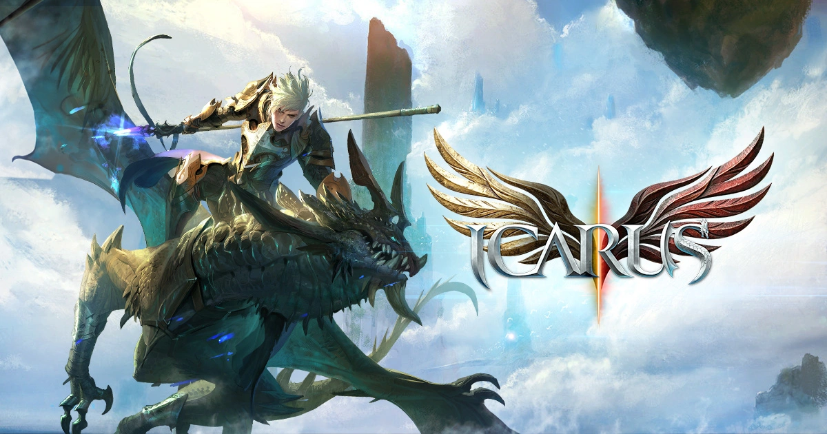 ตัวละครผมขาวสวมเกราะขี่มังกรปีกสีเข้ม ข้างโลโก้ ICARUS บนท้องฟ้า