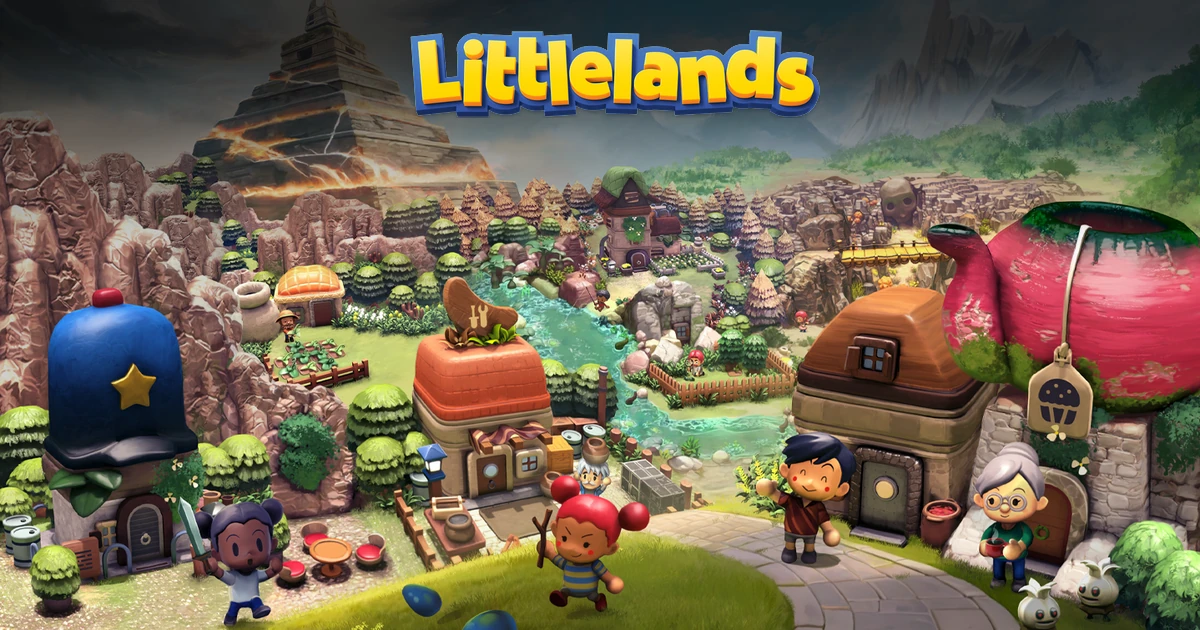 โลโก้ Littlelands เหนือหมู่บ้าน ลำธาร และตัวละครในภาพอาร์ตทางการ
