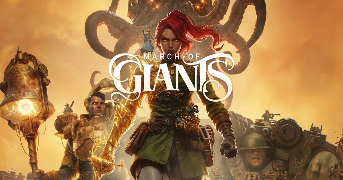หญิงผมแดงและตัวละครขนาดใหญ่บนภาพปกที่มีโลโก้ March of Giants
