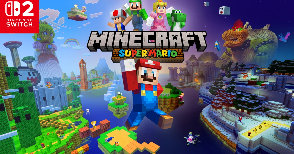 Mario แบบบล็อกหน้าโลโก้ Minecraft Super Mario และโลกหลายฉาก