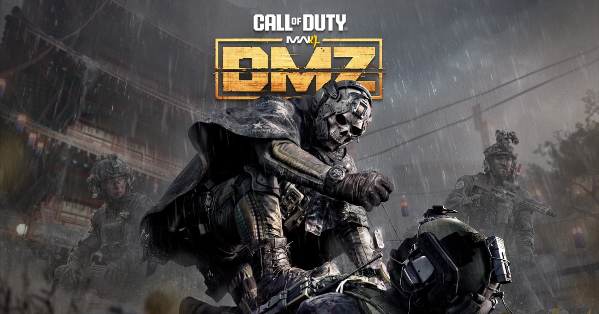 ทหารสวมหน้ากากกะโหลกและผ้าคลุมอยู่กลางฉากฝน โดยมีโลโก้ Call of Duty และ DMZ ด้านบน