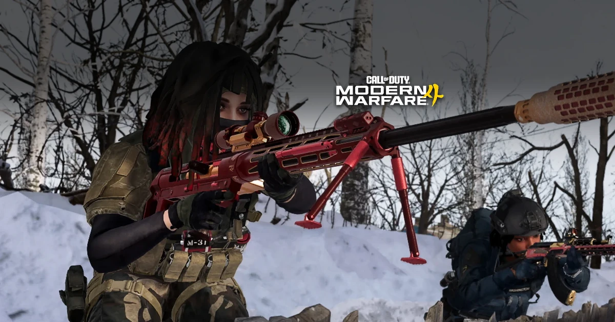 ทหารสองคนถือปืนในฉากหิมะใต้โลโก้ Modern Warfare 4