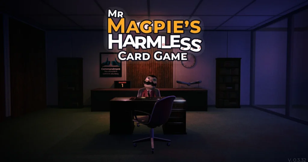 โลโก้ Mr Magpie เหนือหุ่นเชิดนั่งที่โต๊ะในออฟฟิศ