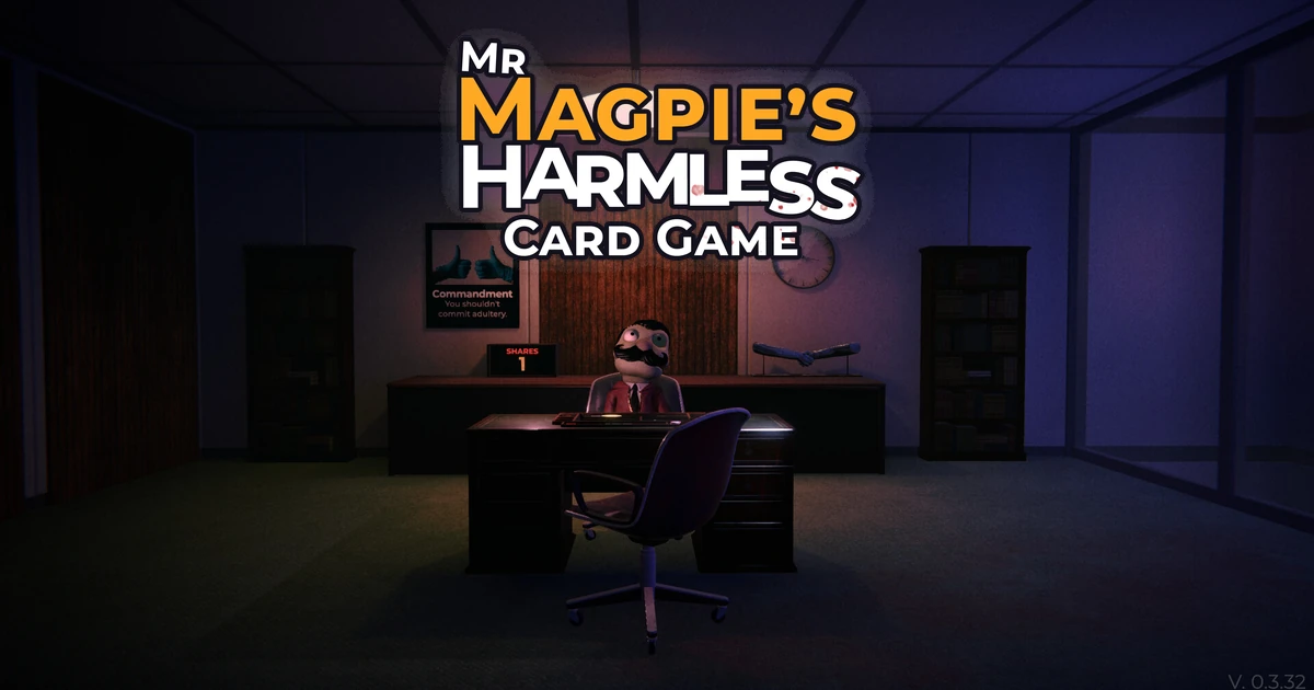โลโก้ Mr Magpie เหนือหุ่นเชิดนั่งที่โต๊ะในออฟฟิศ