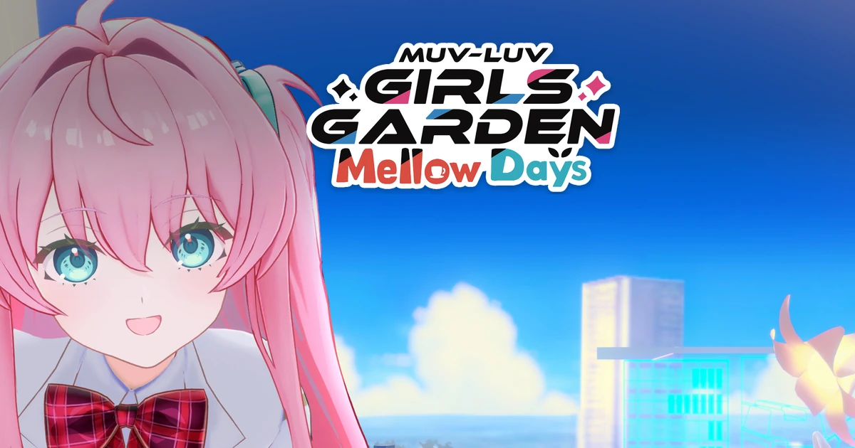 คีย์อาร์ต Meru ใบหน้าชิดซ้ายและโลโก้ Muv-Luv Girls Garden Mellow Days เหนือท้องฟ้า