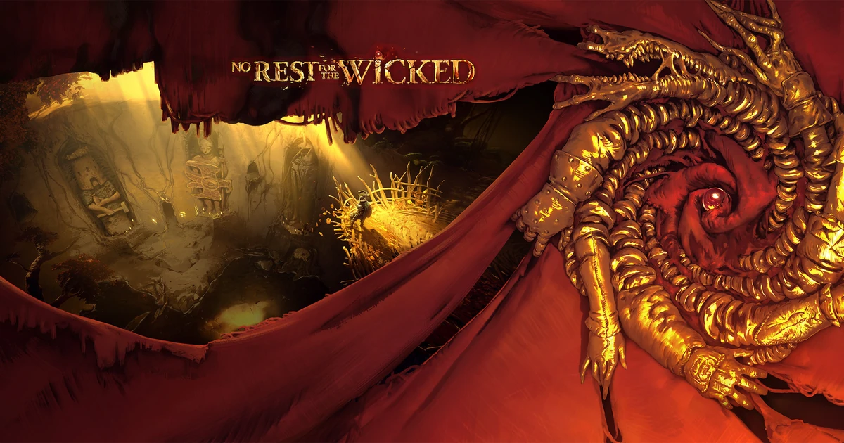 ภาพศิลป์ No Rest for the Wicked มีวัตถุสีทองรูปมังกร ผ้าสีแดง และห้องมืดด้านซ้าย