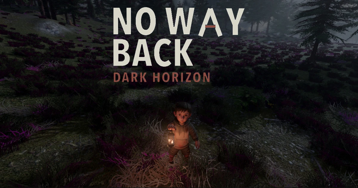 โลโก้ No Way Back: Dark Horizon อยู่เหนือเด็กถือตะเกียงในป่าที่มีต้นไม้และพุ่มไม้