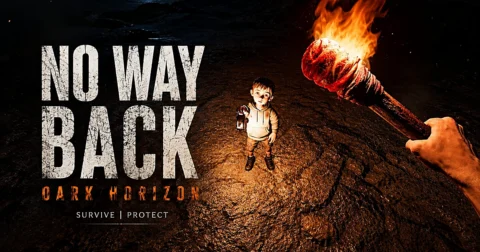 โลโก้ No Way Back: Dark Horizon ด้านซ้าย เด็กถือตะเกียงกลางภาพ และมือผู้เล่นถือคบเพลิงด้านขวา