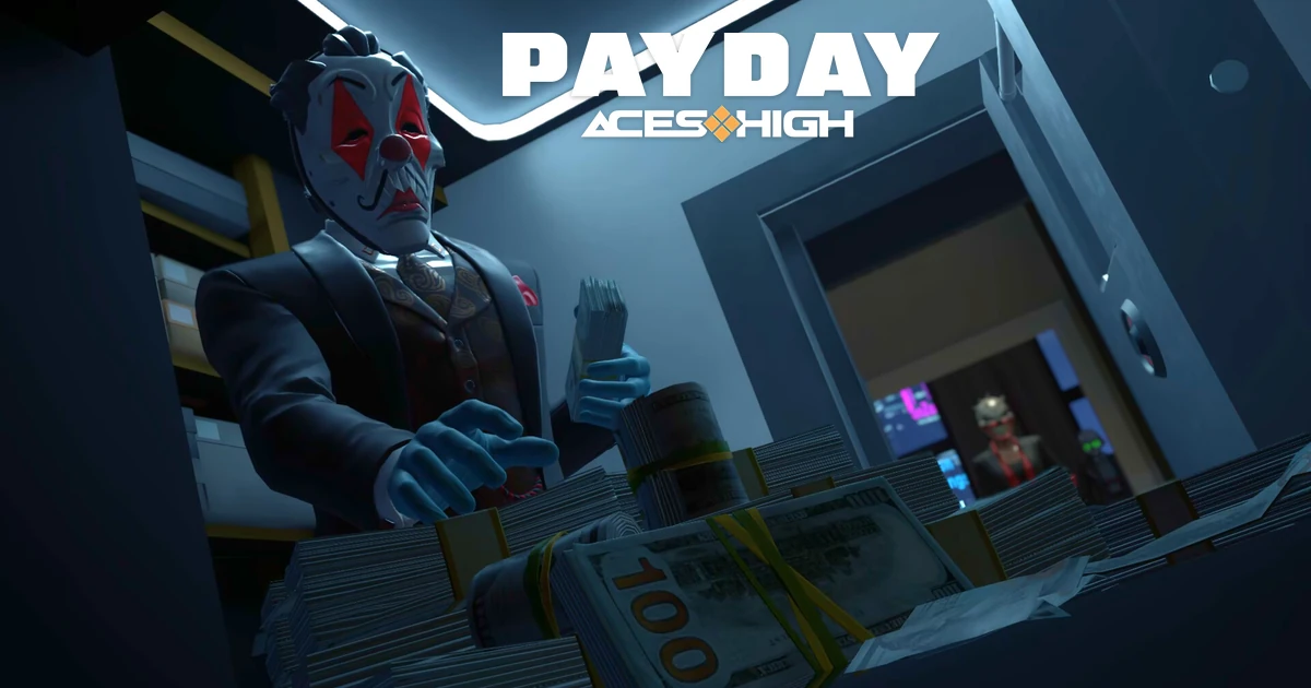 คนสวมหน้ากากหยิบธนบัตรในห้องนิรภัยใต้โลโก้ PAYDAY Aces High