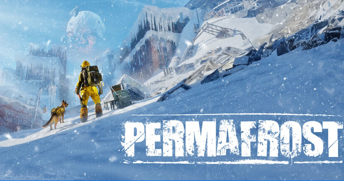 คีย์อาร์ต Permafrost มีตัวละครชุดเหลืองและสุนัขในเมืองหิมะ