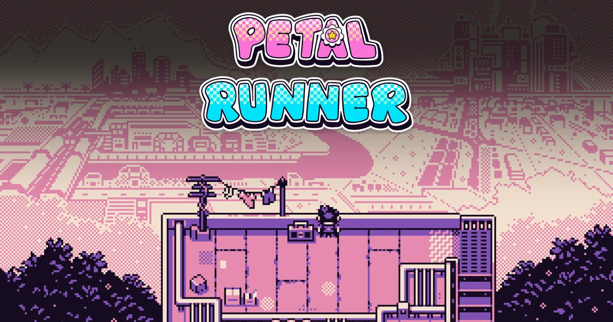 โลโก้ Petal Runner เหนือเมืองพิกเซล