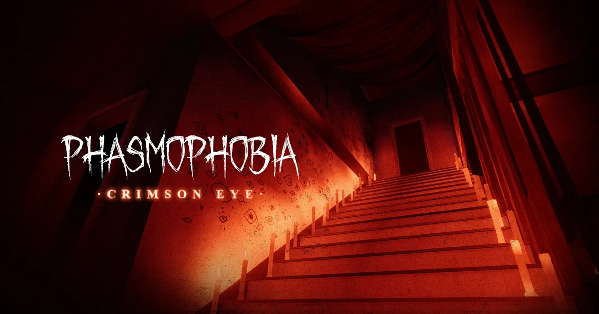 ปก Phasmophobia Crimson Eye มีชื่อเกมข้างบันไดแสงแดงและเทียน