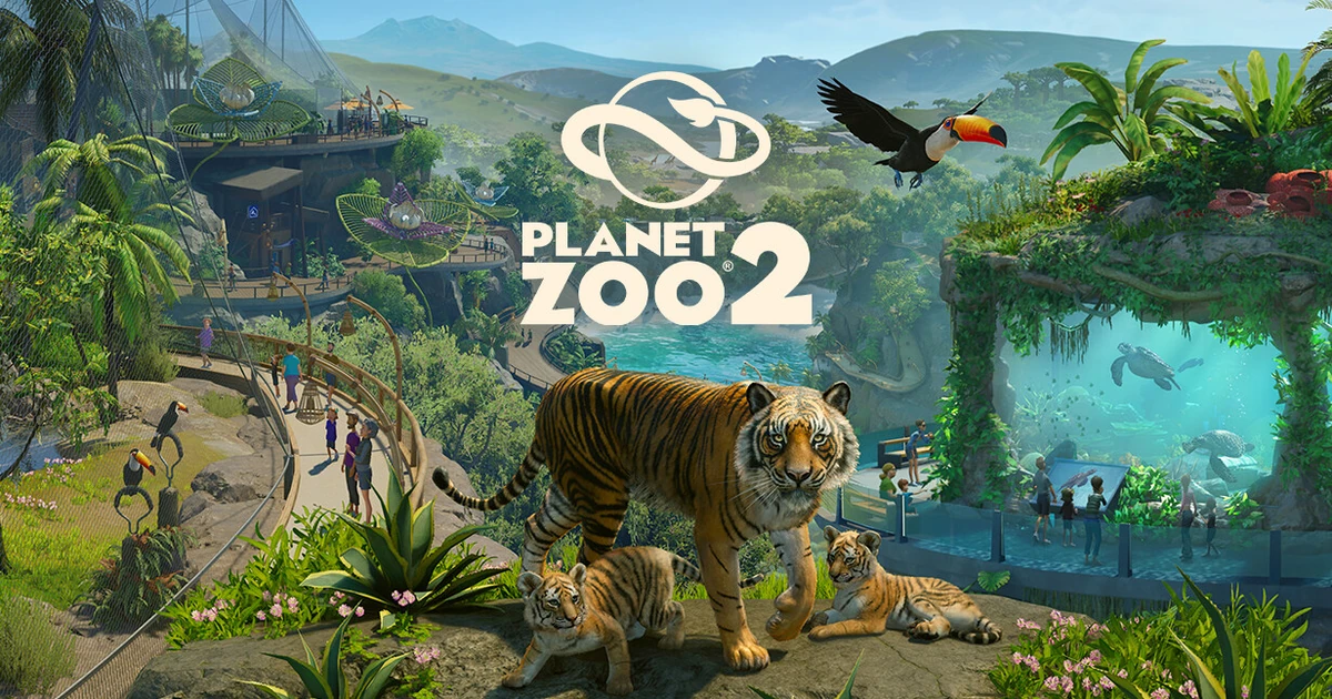 ภาพปกทางการ Planet Zoo 2 แสดงโลโก้ เสือและลูกเสือ นกทูแคน และพื้นที่สวนสัตว์