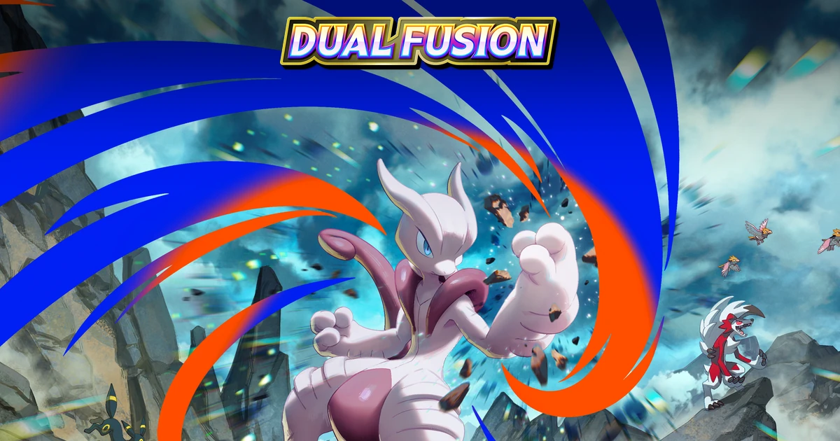 โปเกมอนสีม่วงยื่นมือท่ามกลางซากหินและโลโก้ Dual Fusion
