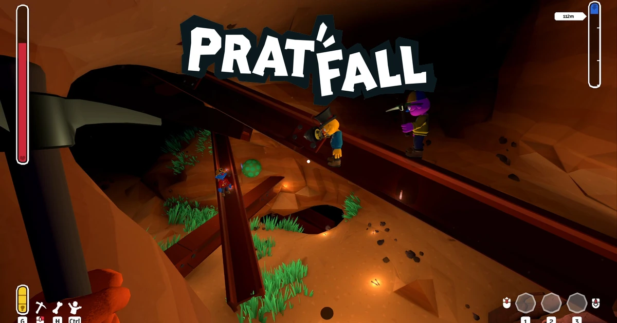 โลโก้ Pratfall เหนือกลุ่มคนขุดถ้ำบนคานในถ้ำ