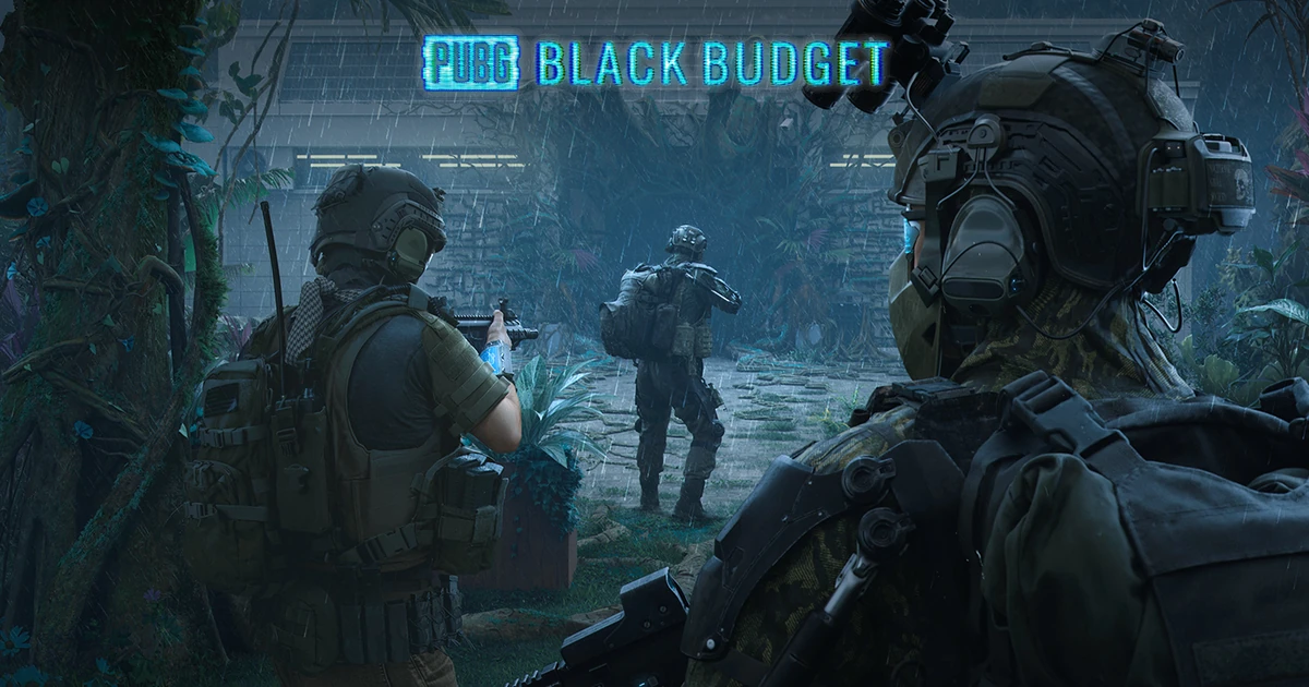 Key Art PUBG Black Budget แสดงตัวละครติดอาวุธสามคนพร้อมชื่อเกม