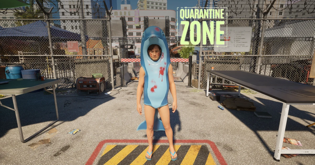 โลโก้ Quarantine Zone เหนือภาพผู้สวมชุดมาสคอตสีน้ำเงินในด่านตรวจริมเมือง