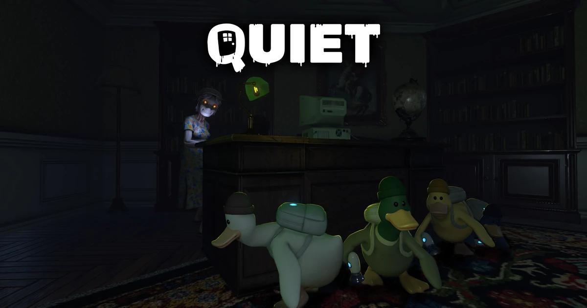 เป็ดสามตัวหลบข้างโต๊ะ มีเจ้าของบ้านตาเรืองแสงด้านหลังและโลโก้ QUIET