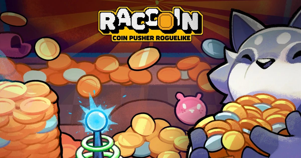 ภาพแรคคูนถือเหรียญใต้โลโก้ RACCOIN Coin Pusher Roguelike