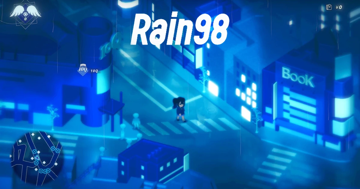ถนนกลางเมืองโทนสีน้ำเงินท่ามกลางฝน มีตัวละครอยู่ตรงทางม้าลายและโลโก้ Rain98 ด้านบน