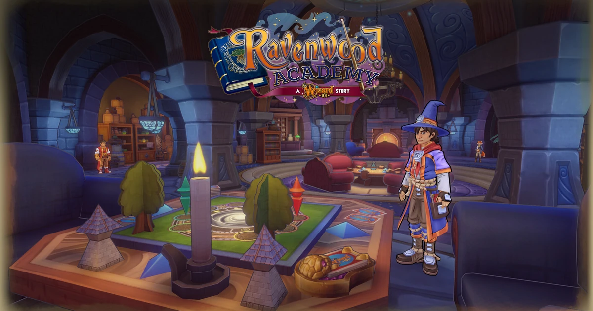 โลโก้ Ravenwood Academy เหนือนักเวทและโต๊ะแผนที่จำลองในห้องโถง
