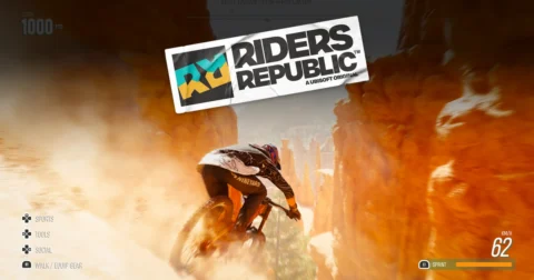 นักปั่นจักรยานลงหุบเขาหินใต้โลโก้ Riders Republic