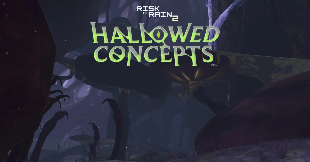 ตราชื่อ Risk of Rain 2 Hallowed Concepts เหนือฉากป่าเห็ดมืด