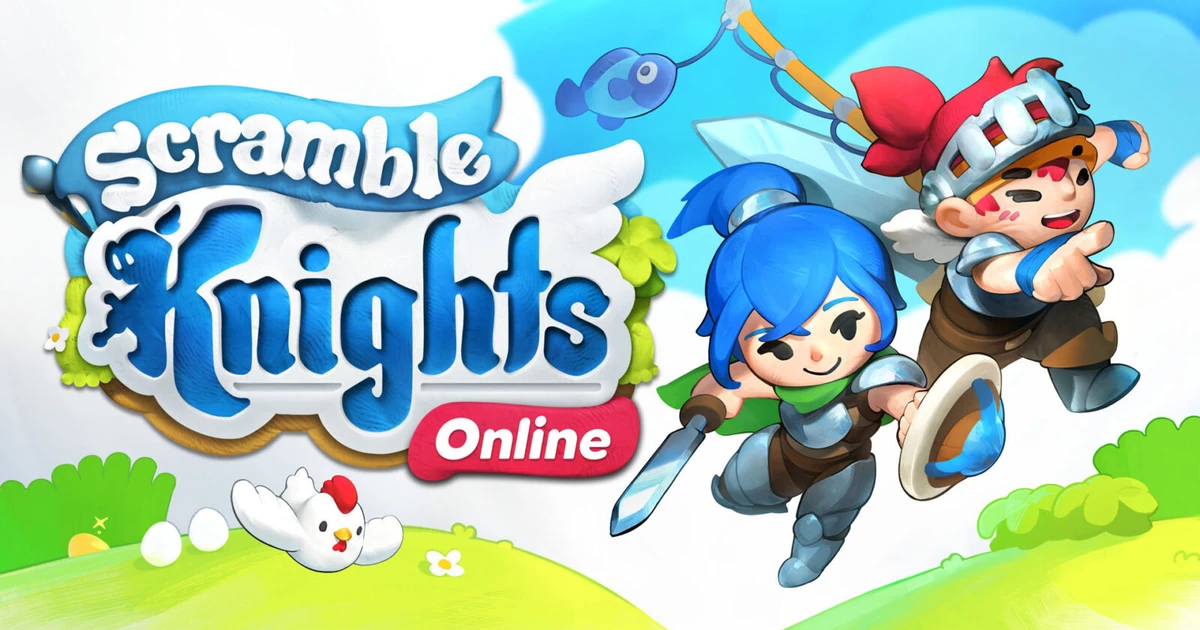 ภาพอาร์ต Scramble Knights Online มีโลโก้ด้านซ้าย อัศวินสองคนด้านขวาและไก่ด้านล่าง