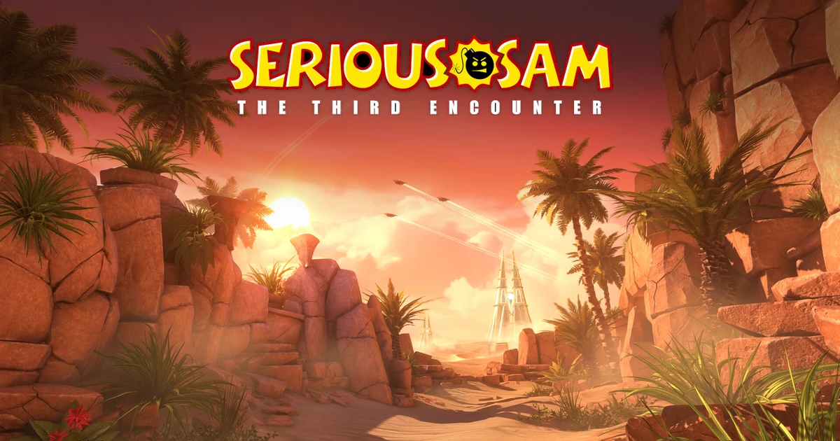 โลโก้ Serious Sam The Third Encounter เหนือทางเดินหินและต้นปาล์มในโลกต่างดาว